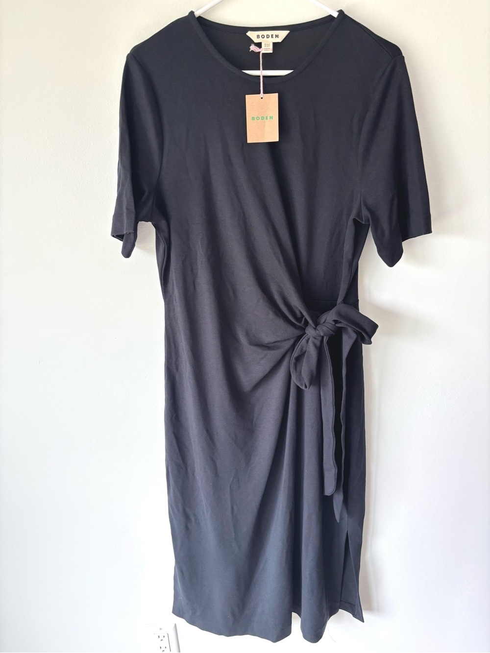 Boden Black Jersey Knit Midi Dress Short Sleeve Tie Waist Round Neck Modest